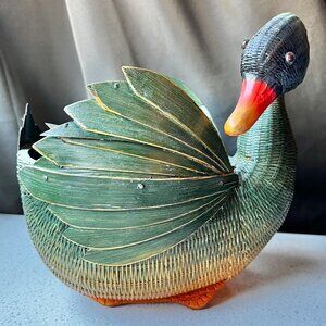 Handcrafted Woven Duck Basket Green & Orange Decorative Storage Piece Natural